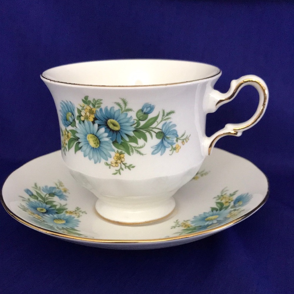 Vintage Bone China Queen Anne Teacup and Saucer Set, Blue Flowers